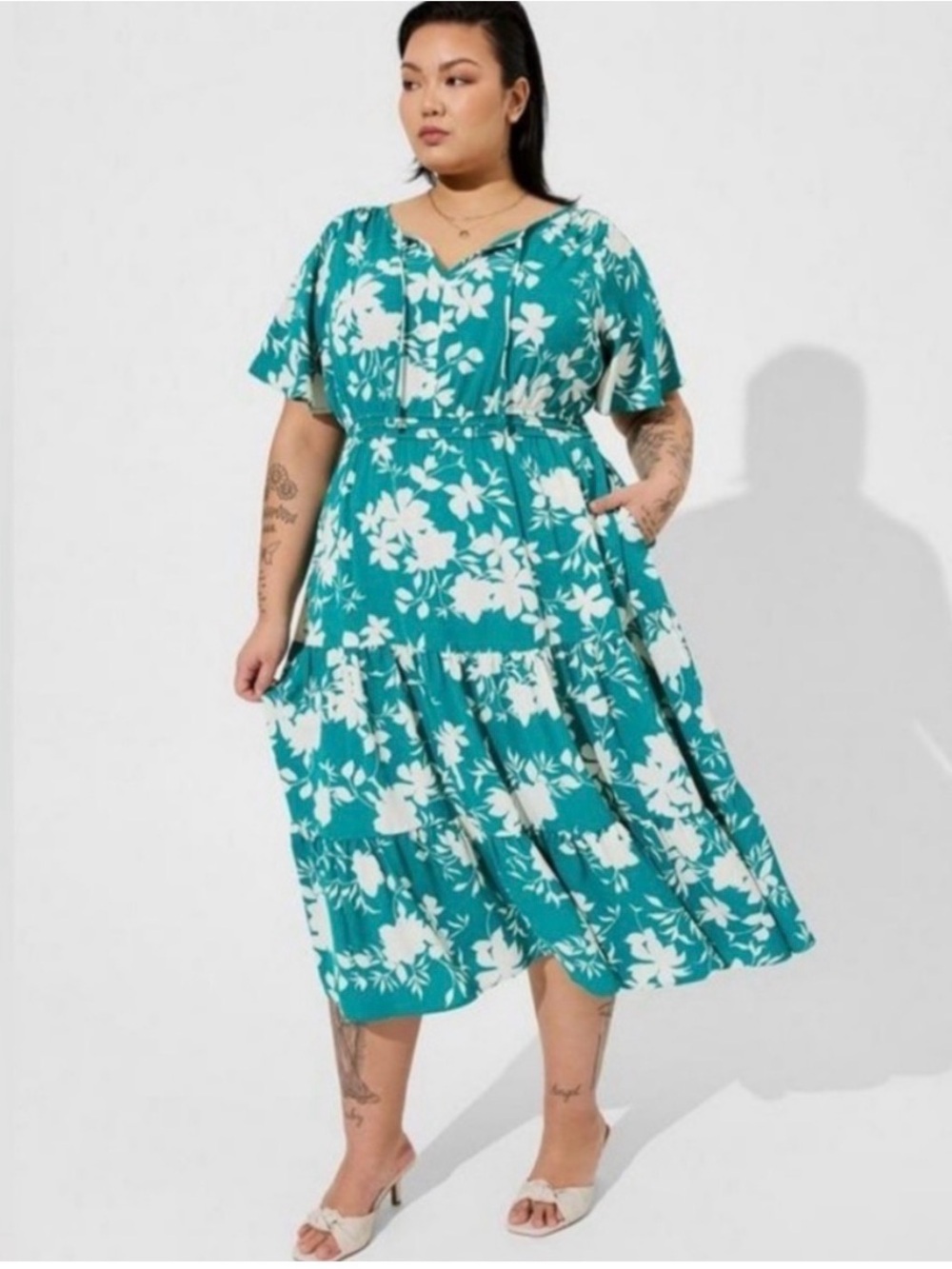Torrid teal  Green Floral Tiered Maxi Dress tropical size 14-16